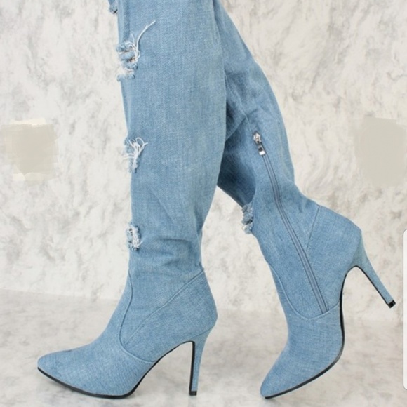 🆕️ DENIM DISTRESSED POINTY TOE THIGH HIGH BOOTS - Picture 4 of 8